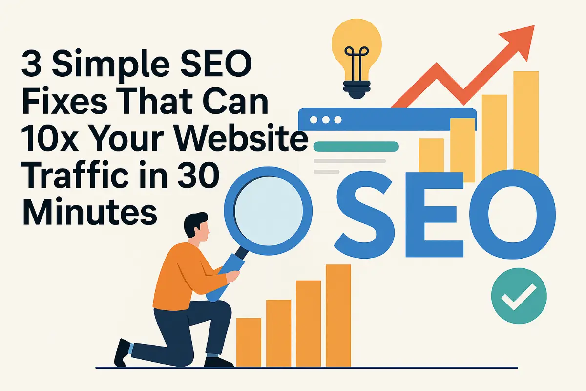 3 Simple Local SEO Fixes to Boost Map Pack Rankings.webp Illustration showing a person analyzing SEO data with charts, magnifying glass, and upward arrow, alongside the text “3 Simple SEO Fixes That Can 10x Your Website Traffic in 30 Minutes.”