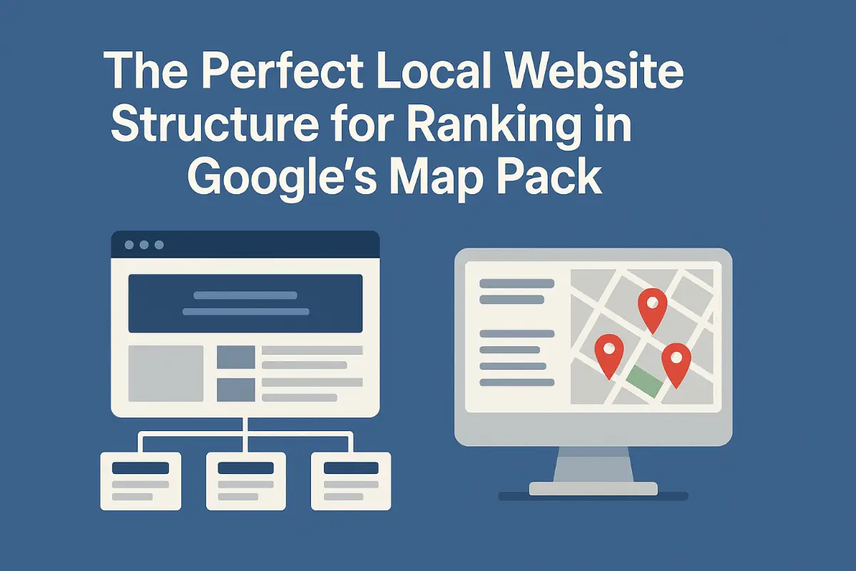 Perfect Local Website Structure for Google Map Pack SEO.webp Illustration showing a local website structure and a desktop screen with a map and location pins, highlighting how to rank in Google’s Map Pack.