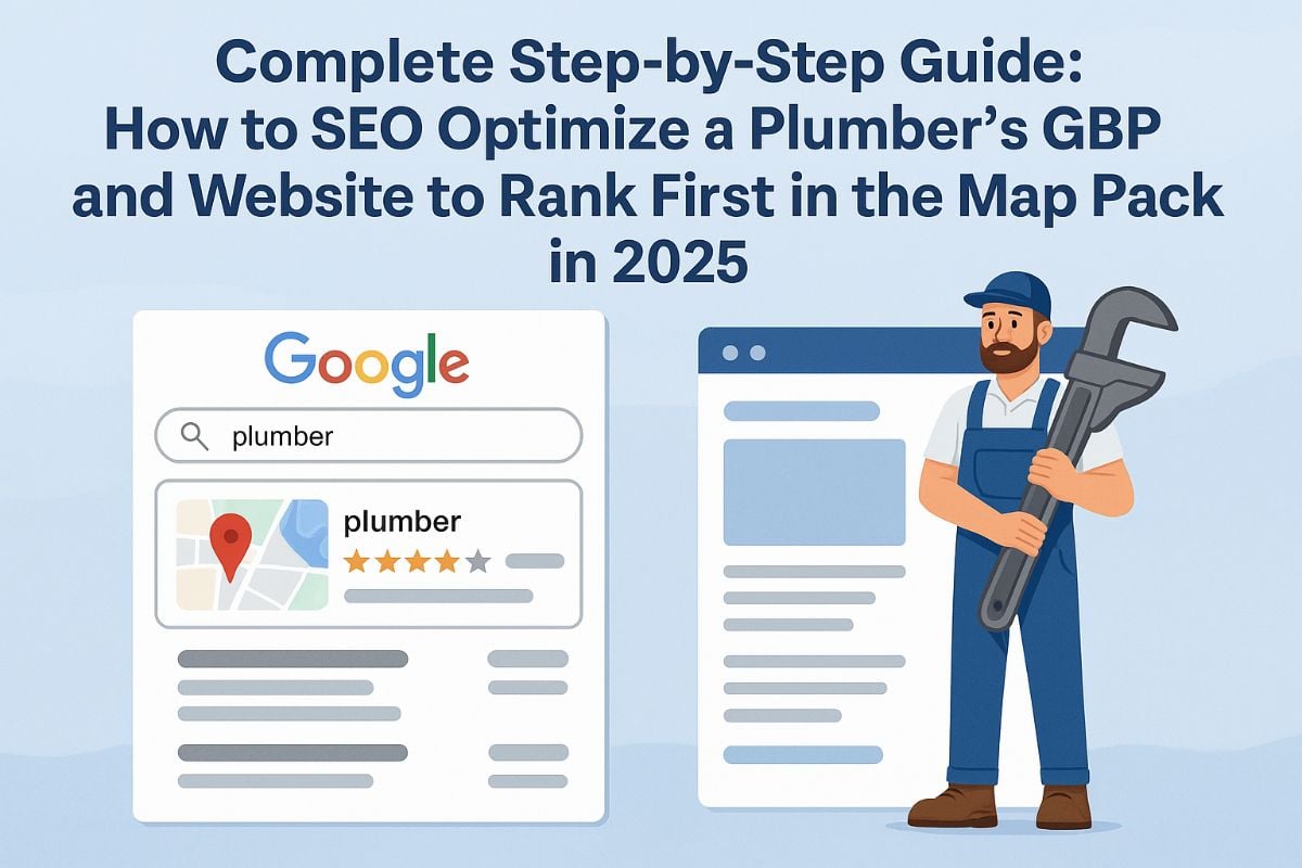 SEO Guide for Plumbers: Rank First in Google Map Pack 2025 Illustration showing a plumber holding a large wrench next to a website layout, with a Google search result for 'plumber' featuring a map pack and star rating. Title text reads: 'Complete Step-by-Step Guide: How to SEO Optimize a Plumber’s GBP and Website to Rank First in the Map Pack in 2025