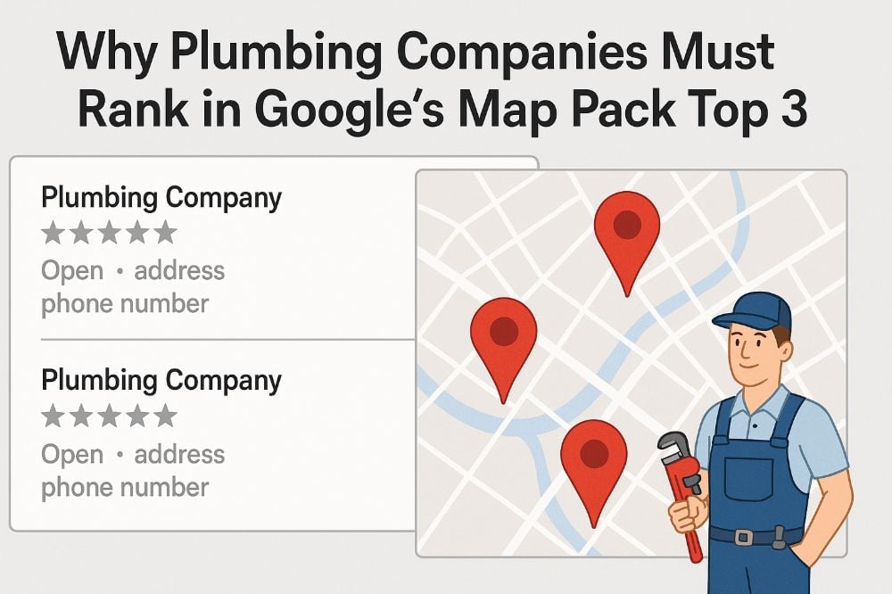 Why Plumbing Companies Must Rank in Google’s Map Pack Top 3 Illustrated graphic showing three plumbing companies ranked in Google’s Map Pack with a map, red location pins, and a plumber holding a pipe wrench, emphasizing the importance of top 3 local search visibility.
