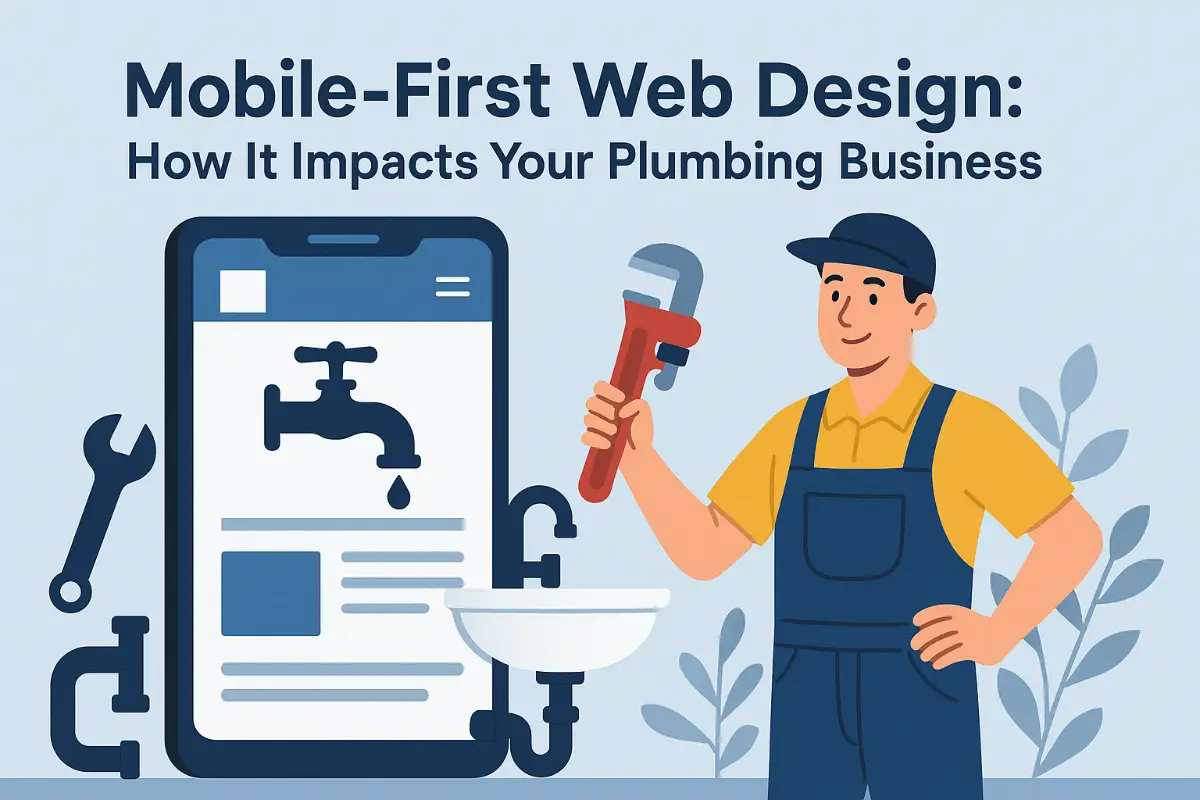 Mobile-First Web Design for Plumbers – Improve Conversions Cartoon plumber holding a wrench beside a giant mobile phone showing a plumbing website layout, emphasizing mobile-first web design.