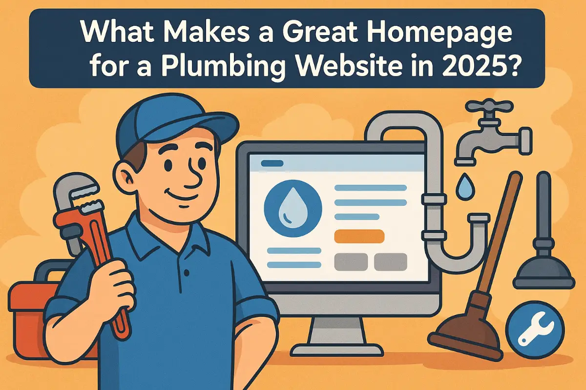 Key Elements of a Great Plumbing Website Homepage in 2025 Illustration of a smiling plumber holding a wrench beside a desktop showing a plumbing website, surrounded by tools and pipes, with the headline "What Makes a Great Homepage for a Plumbing Website in 2025?