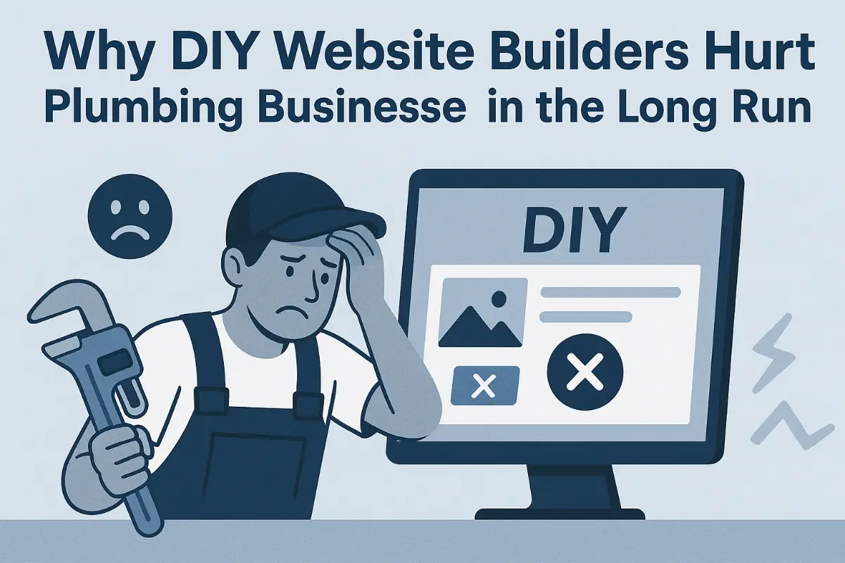 Why DIY Website Builders Fail Plumbing Businesses Over Time Sad cartoon plumber holding a wrench, looking at a desktop screen labeled "DIY" with visible design errors, illustrating the pitfalls of using DIY website builders for plumbing businesses.