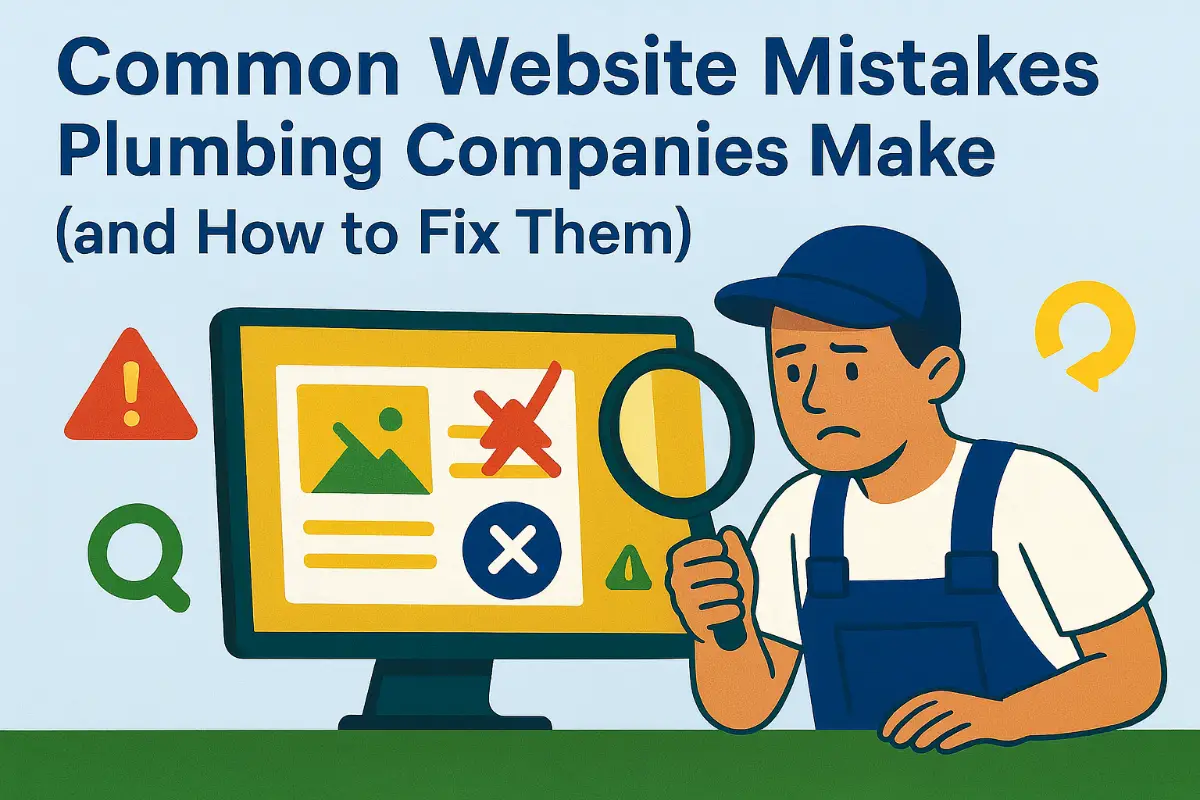 Common Plumbing Website Mistakes and Fixes – WebPresence Cartoon plumber examining a computer screen with website errors, symbols, and mistakes, representing common plumbing website issues.
