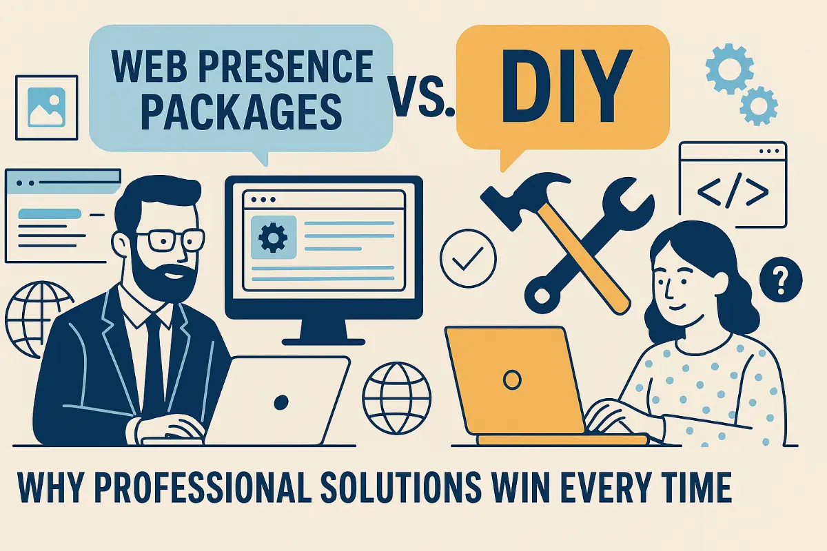 Web presence packages vs DIY for local businesses Illustrated comparison showing a professional man with a computer representing web presence packages and a woman with tools and a laptop representing DIY, with the caption “Why professional solutions win every time.