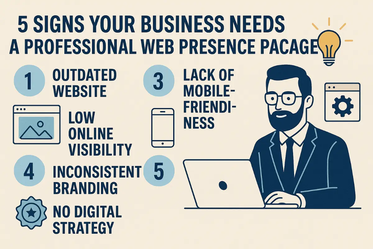 5 Signs Your Business Needs a Professional Web Presence Package in 2025 Illustration showing a businessman at a laptop with five key signs a company needs a professional web presence package: outdated website, low online visibility, lack of mobile-friendliness, inconsistent branding, and no digital strategy.