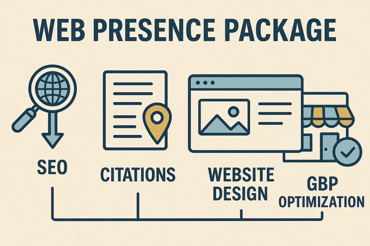 Web Presence Package Components – SEO, Citations, Website Design, and GBP Optimization Illustration of a web presence package showing four main services: SEO with a magnifying glass, citations with a location marker on a document, website design with a webpage icon, and GBP optimization with a storefront icon.